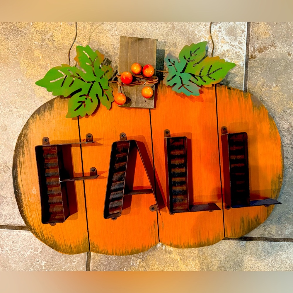 Fall Pumpkin Wall Hanging Home Decorations made with wood and metal.